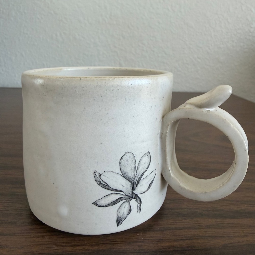 Hand Thrown Artisan Pottery Flower Mug Creamy White Beige Stoneware RK Signed